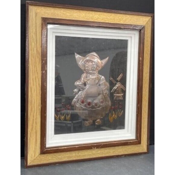VTG Copper Raised Relief Art Pressed Dutch Girl And Windmill Plaque Framed 16x18 - Picture 1 of 5
